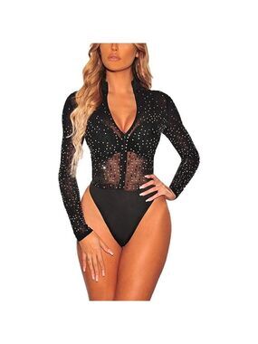 𝅺SEXY Sheer Mesh V neck See Through Leotard Bodysuit Long Sleeve Stretchy NWT